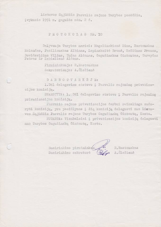 Lietuvos Sajūdžio Pasvalio rajono Tarybos posėdžio, įvykusio 1991 m. gegužės 2 d., PROTOKOLAS Nr. 10